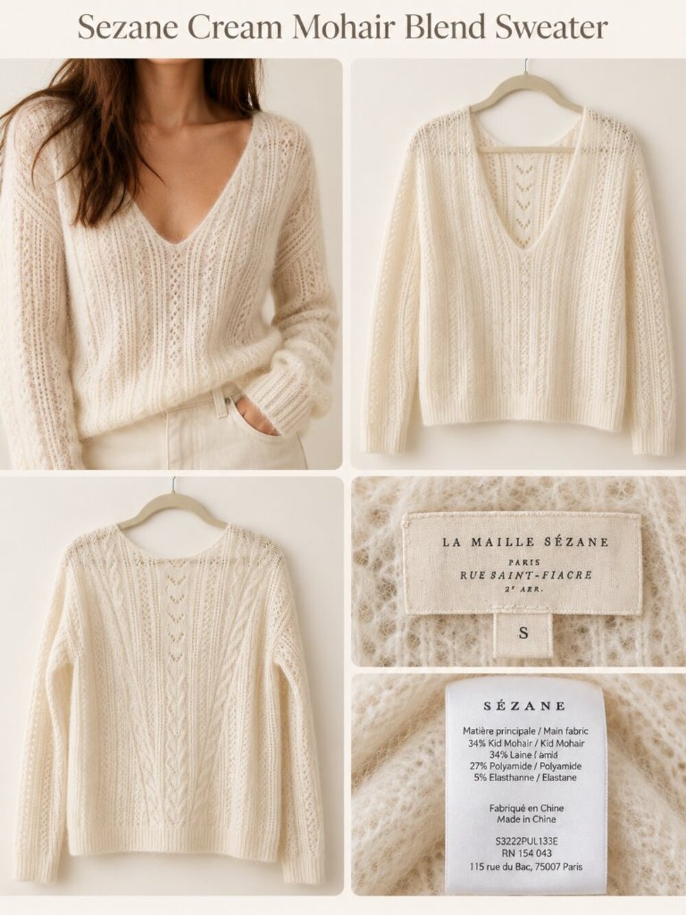 Sézane La Maille Cream Fuzzy V-Neck Sweater
